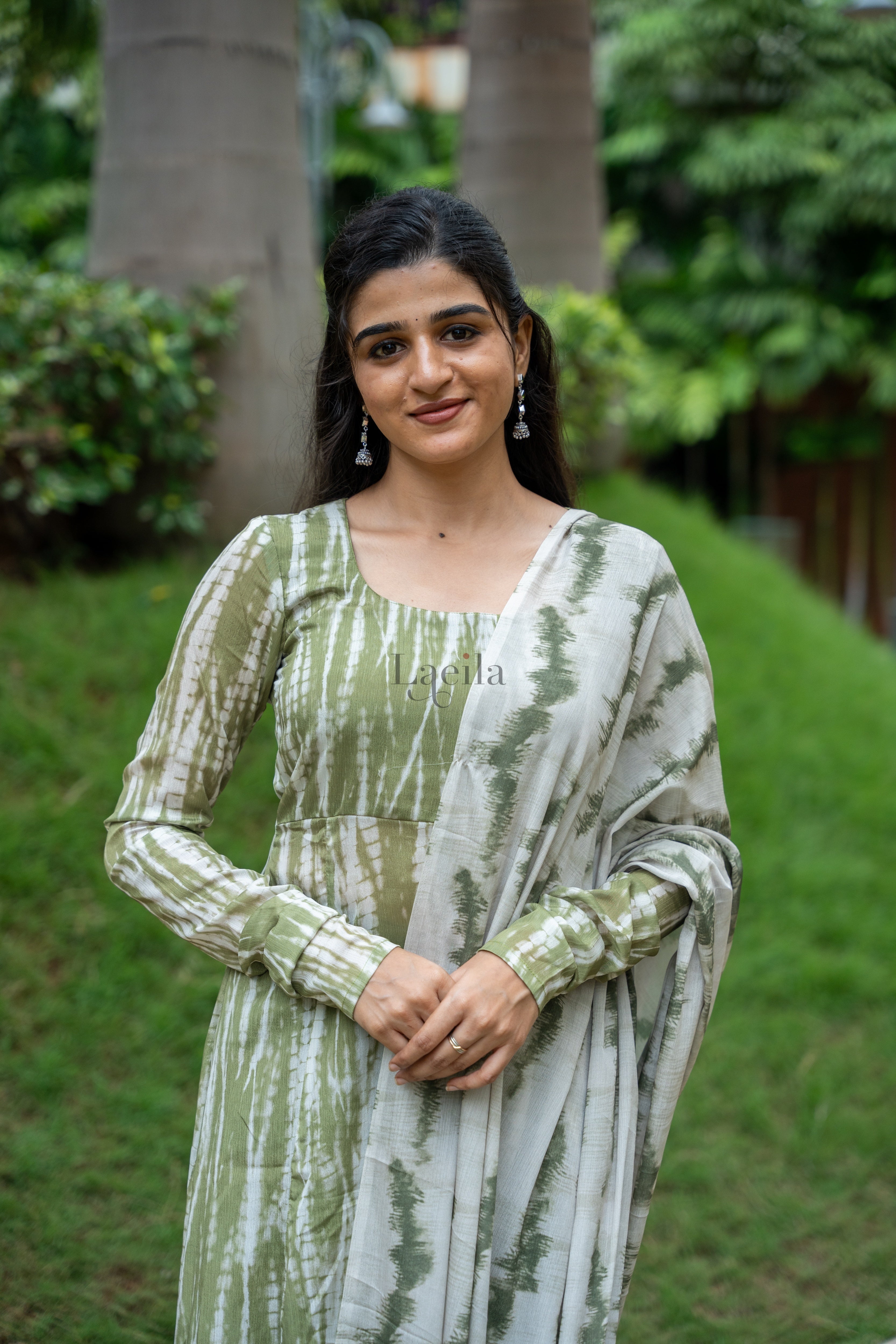 Green Chiffon with white top with dupatta